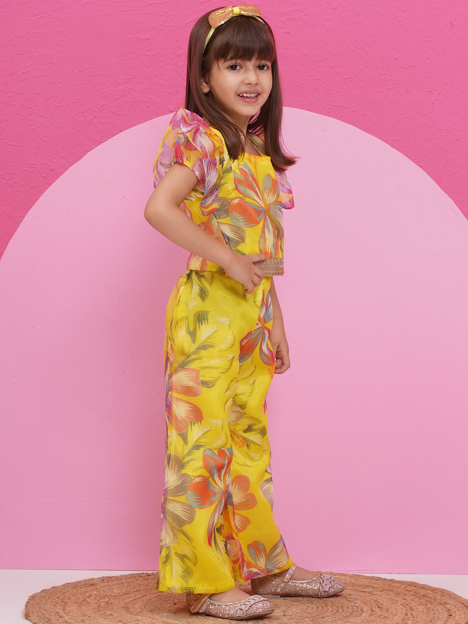 Yellow Organza Half Sleeves Printed Co-Ords For Girls