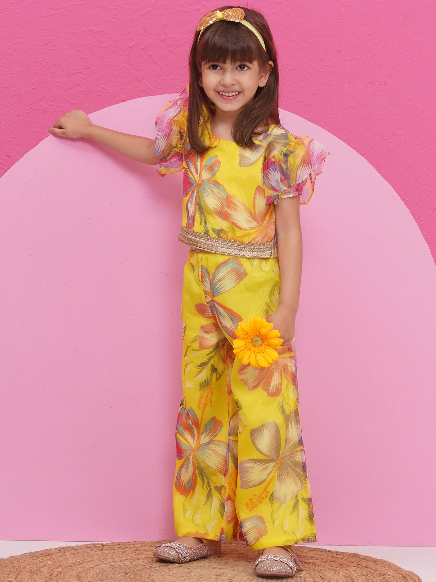 Yellow Organza Half Sleeves Printed Co-Ords For Girls