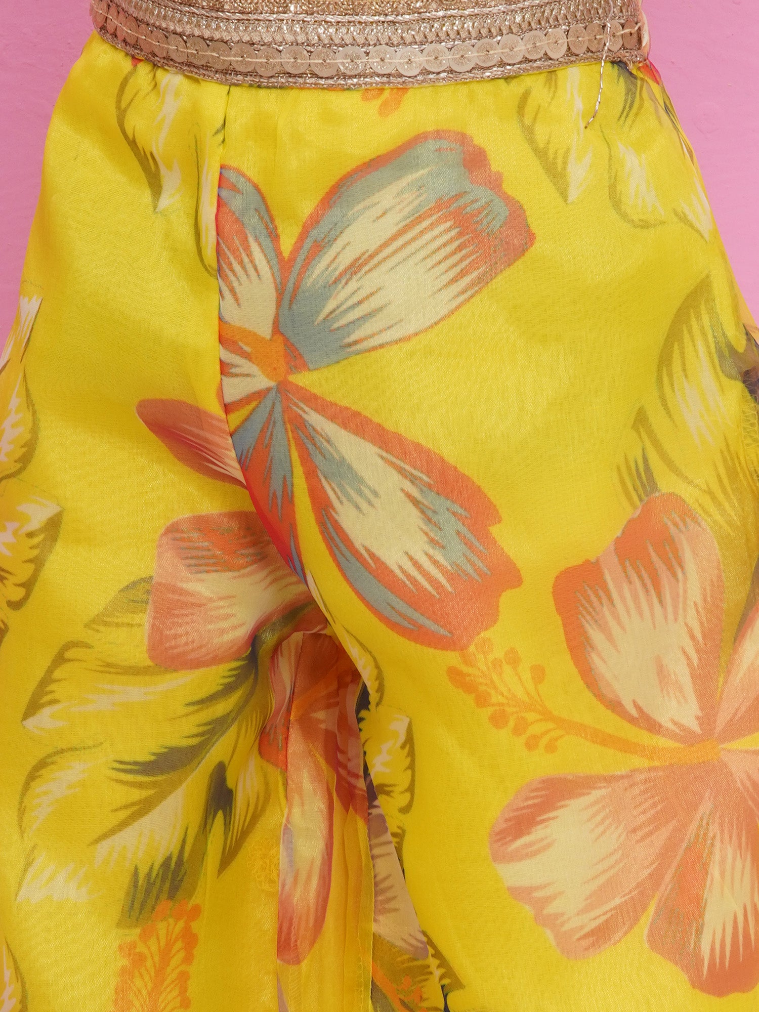 Yellow Organza Half Sleeves Printed Co-Ords For Girls