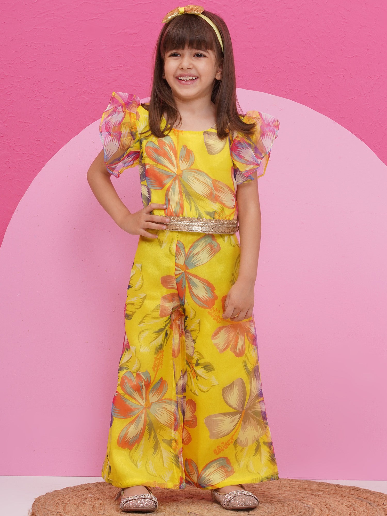 Yellow Organza Half Sleeves Printed Co-Ords For Girls