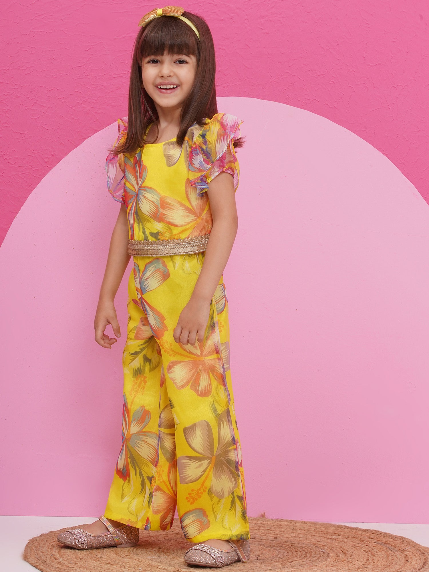 Yellow Organza Half Sleeves Printed Co-Ords For Girls