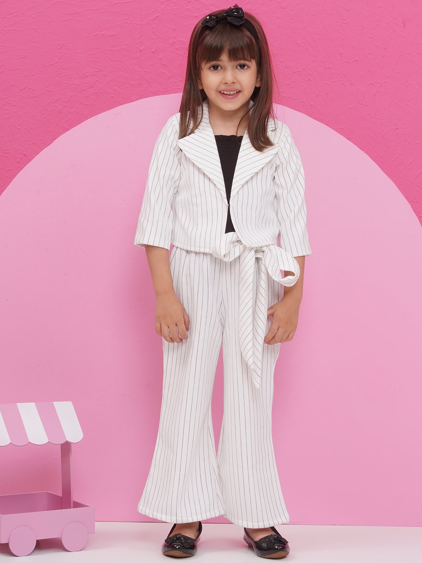 Aj Dezines White Cotton Blend Three-Fourth Sleeves Stripes Co-Ords For Girls