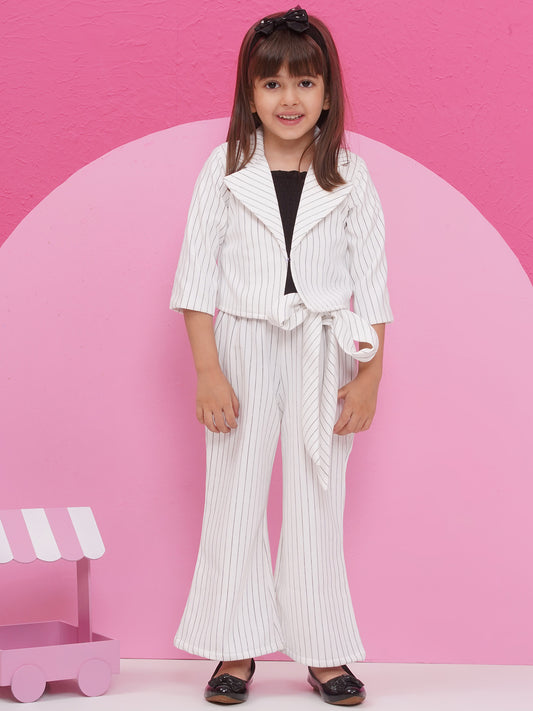 Aj Dezines White Cotton Blend Three-Fourth Sleeves Stripes Co-Ords For Girls