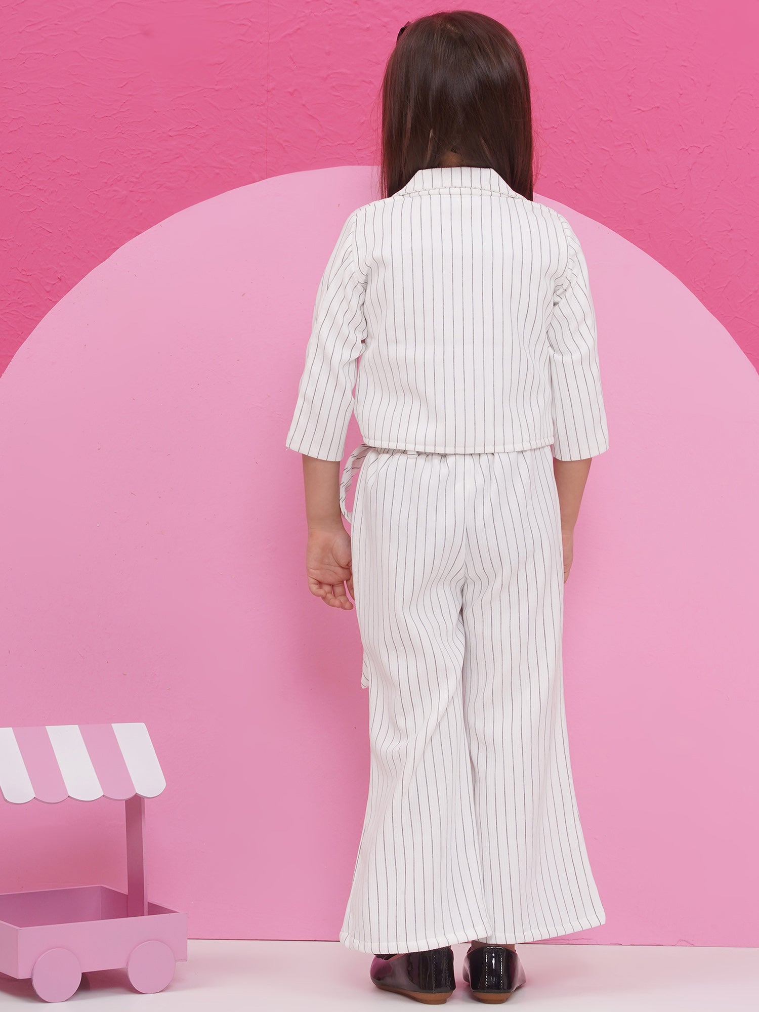 White Cotton Blend Three-Fourth Sleeves Stripes Co-Ords For Girls