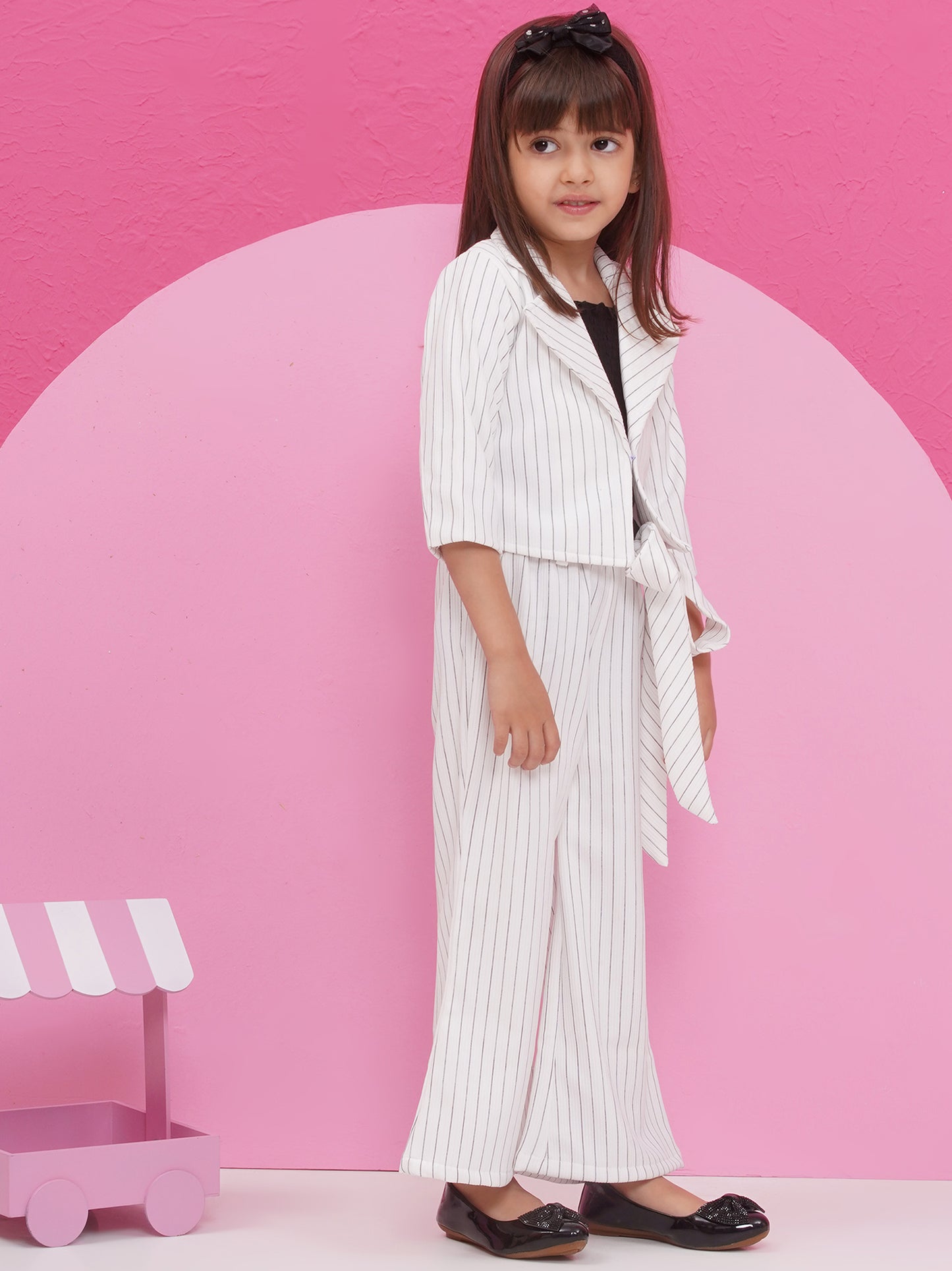 Aj Dezines White Cotton Blend Three-Fourth Sleeves Stripes Co-Ords For Girls