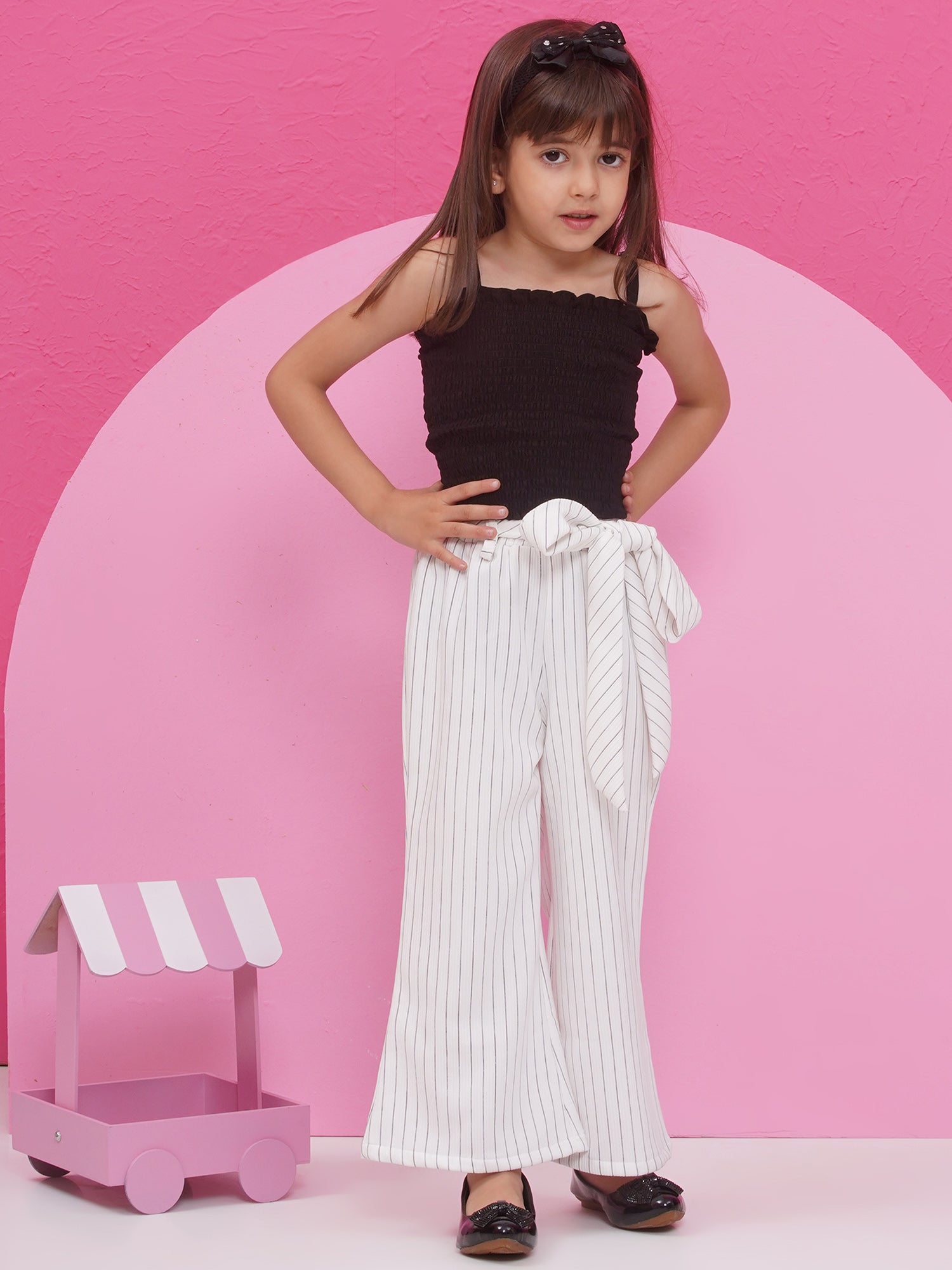 White Cotton Blend Three-Fourth Sleeves Stripes Co-Ords For Girls - AJ Dezines