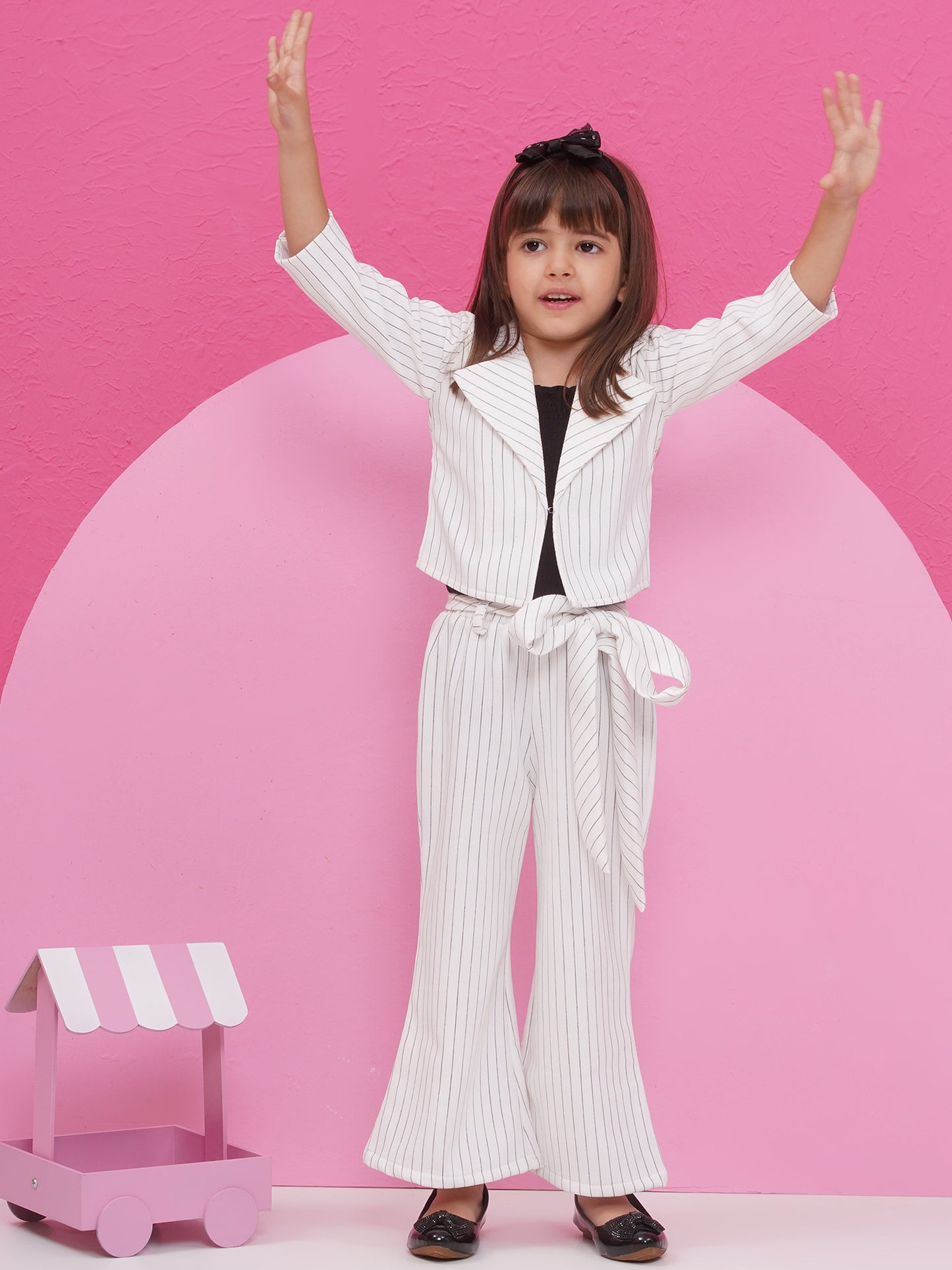 Aj Dezines White Cotton Blend Three-Fourth Sleeves Stripes Co-Ords For Girls