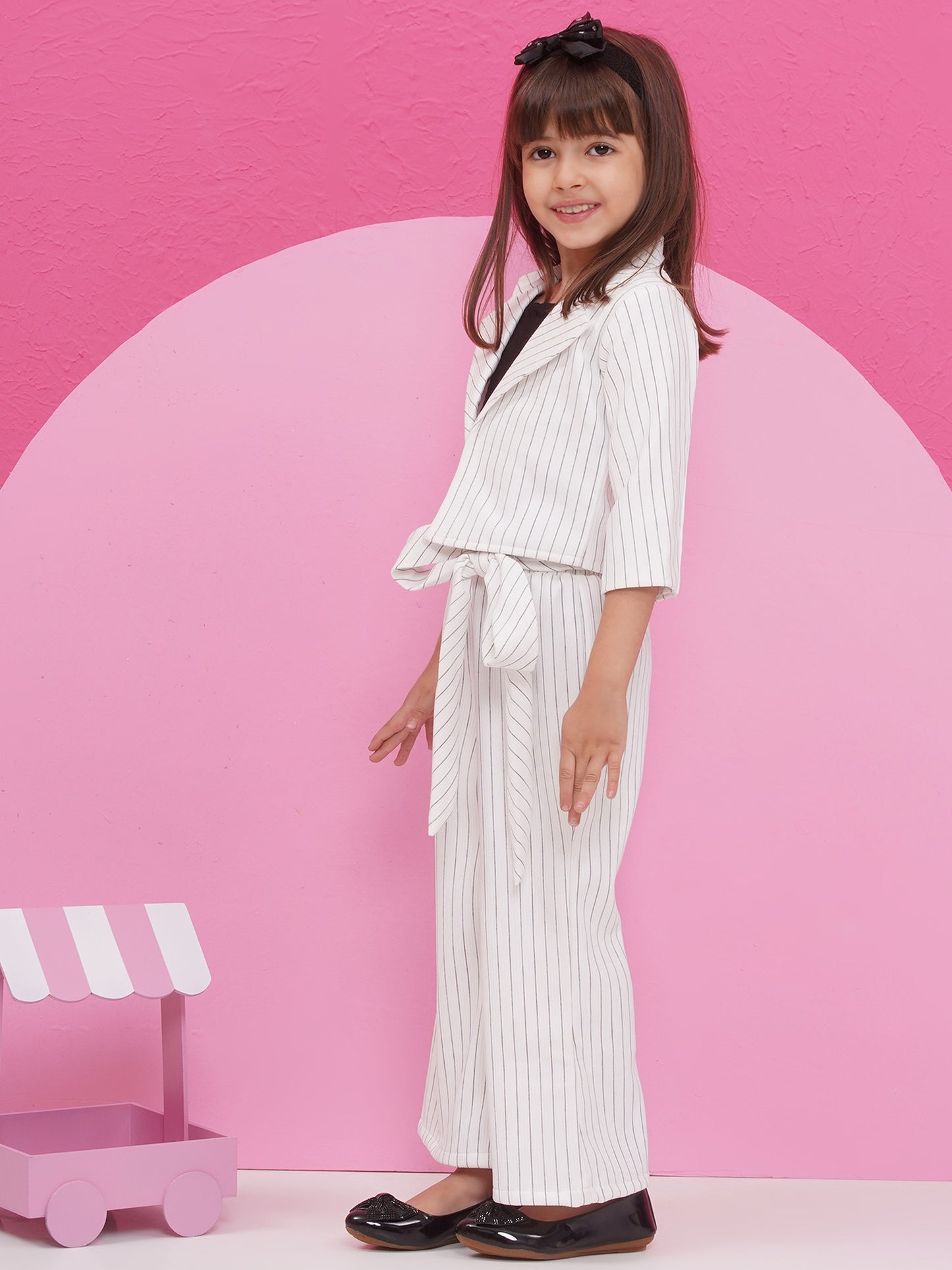 Aj Dezines White Cotton Blend Three-Fourth Sleeves Stripes Co-Ords For Girls