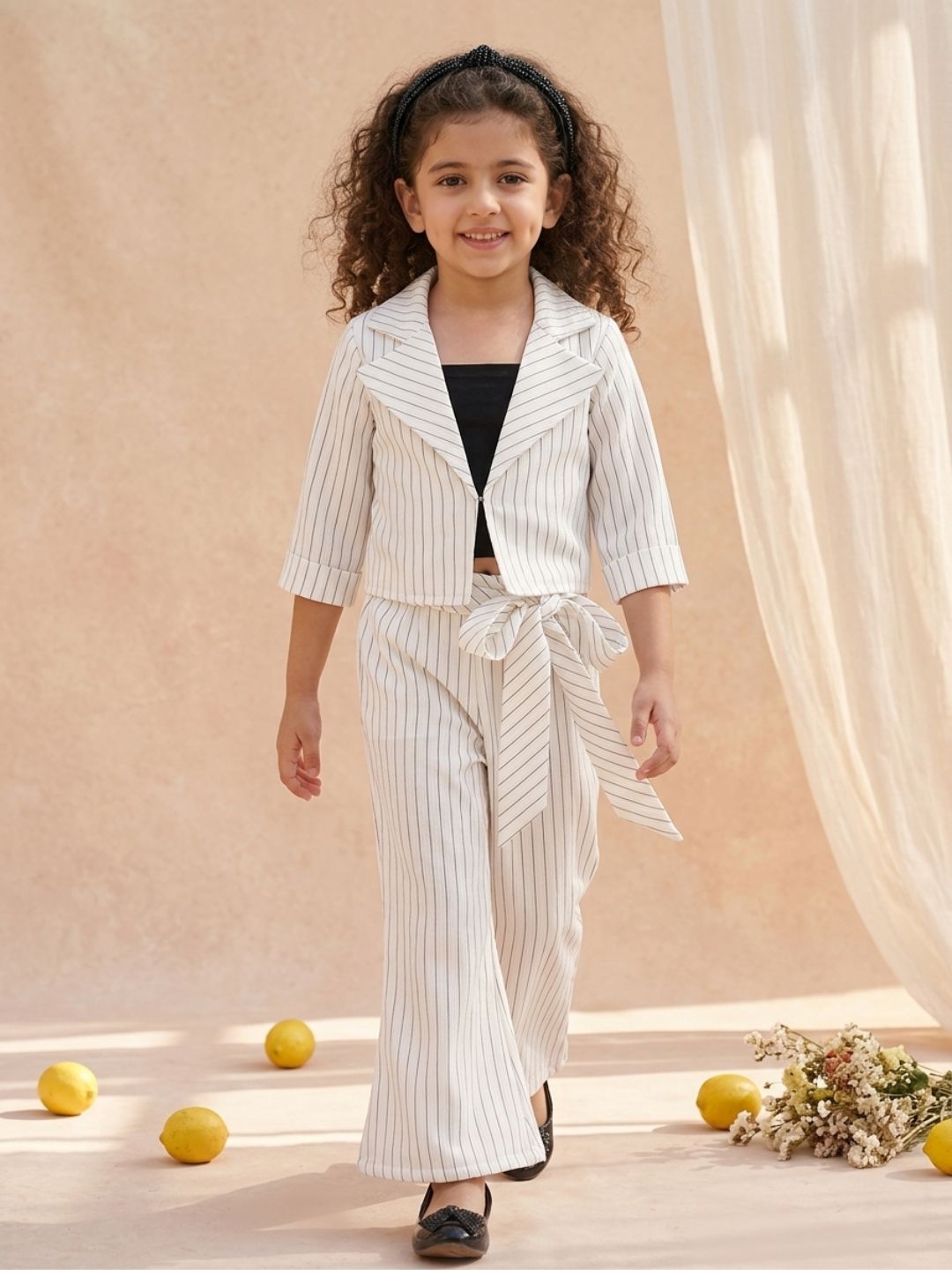 White Cotton Blend Three-Fourth Sleeves Stripes Co-Ords For Girls