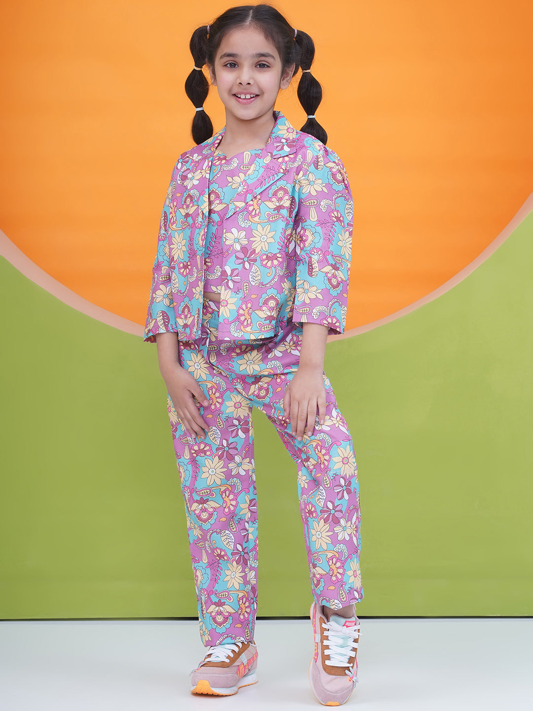 Blue Cotton 3/4th Sleeves Floral Print Girls Co-Ords  for Girls