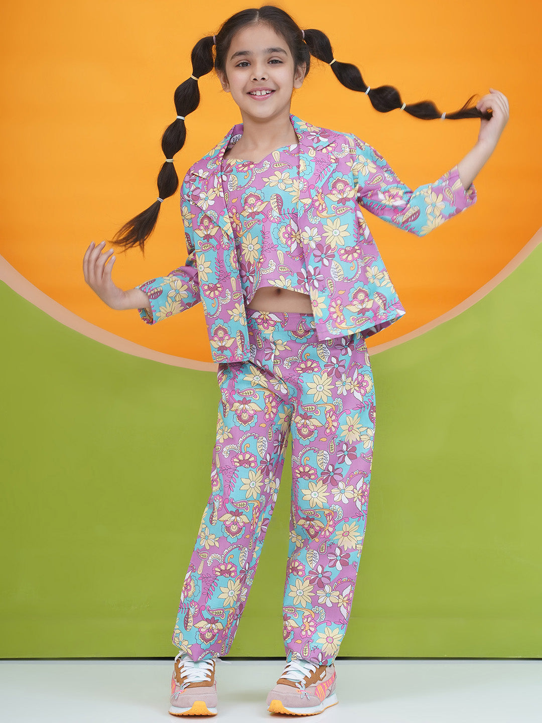 Blue Cotton 3/4th Sleeves Floral Print Girls Co-Ords  for Girls