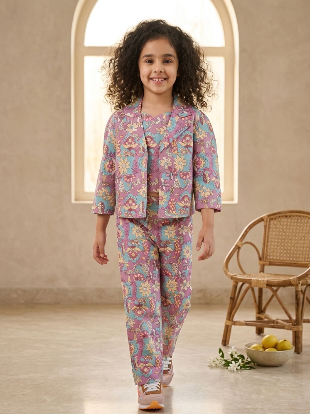 Blue Cotton 3/4th Sleeves Floral Print Girls Co-Ords  for Girls