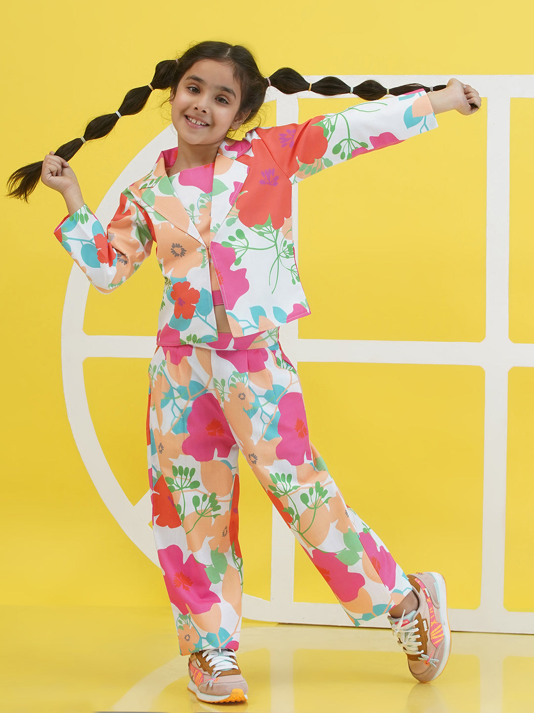 Multi Cotton 3/4th Sleeves Floral Print Girls Co-Ords  for Girls