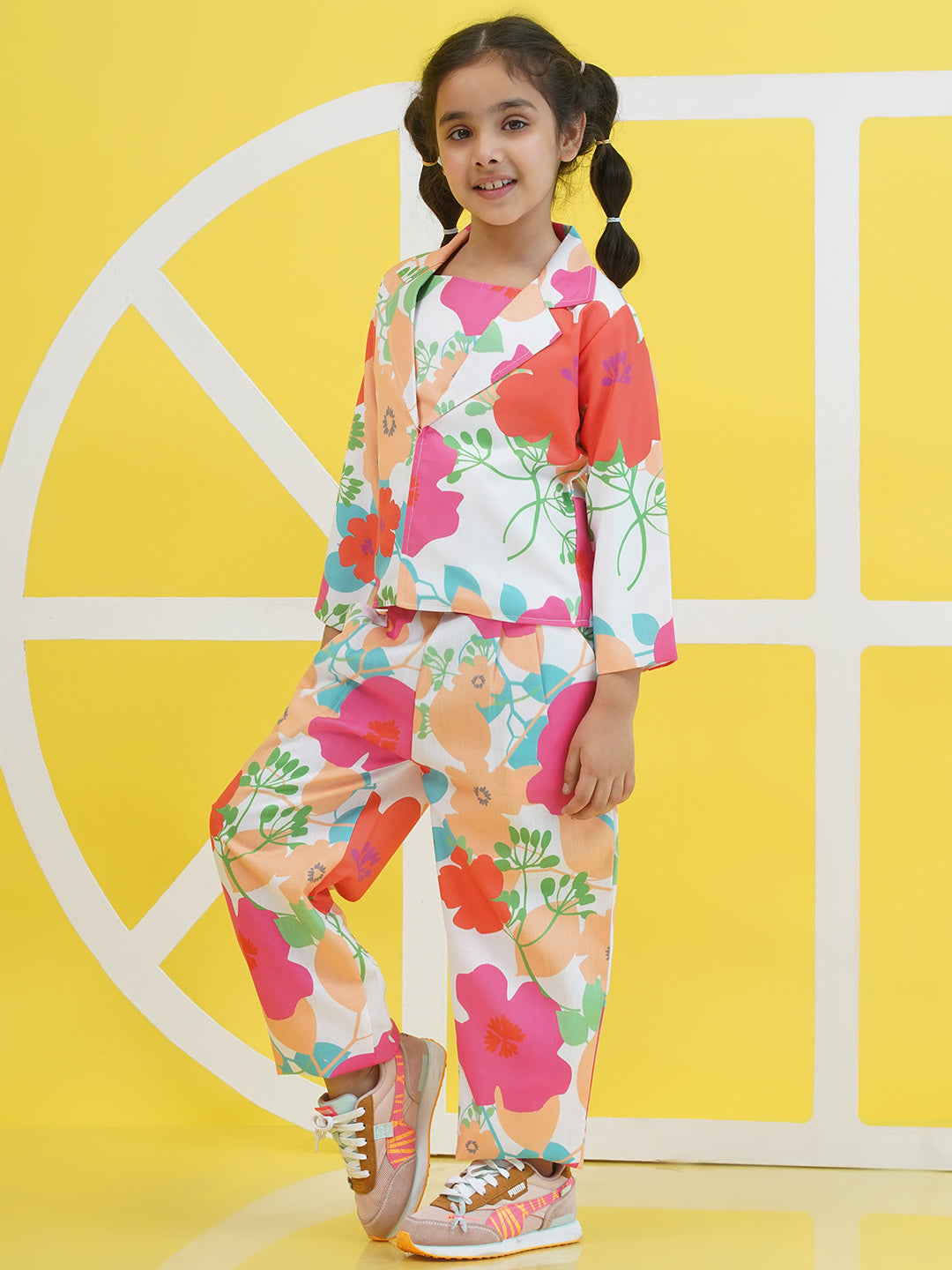 Multi Cotton 3/4th Sleeves Floral Print Girls Co-Ords  for Girls