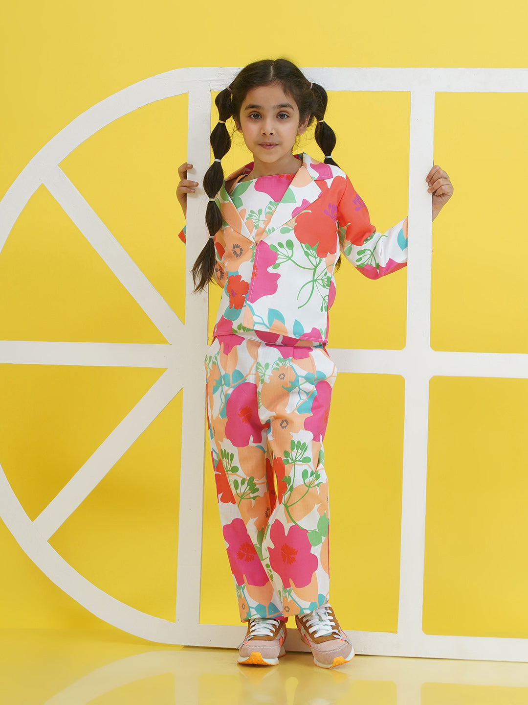 Multi Cotton 3/4th Sleeves Floral Print Girls Co-Ords  for Girls