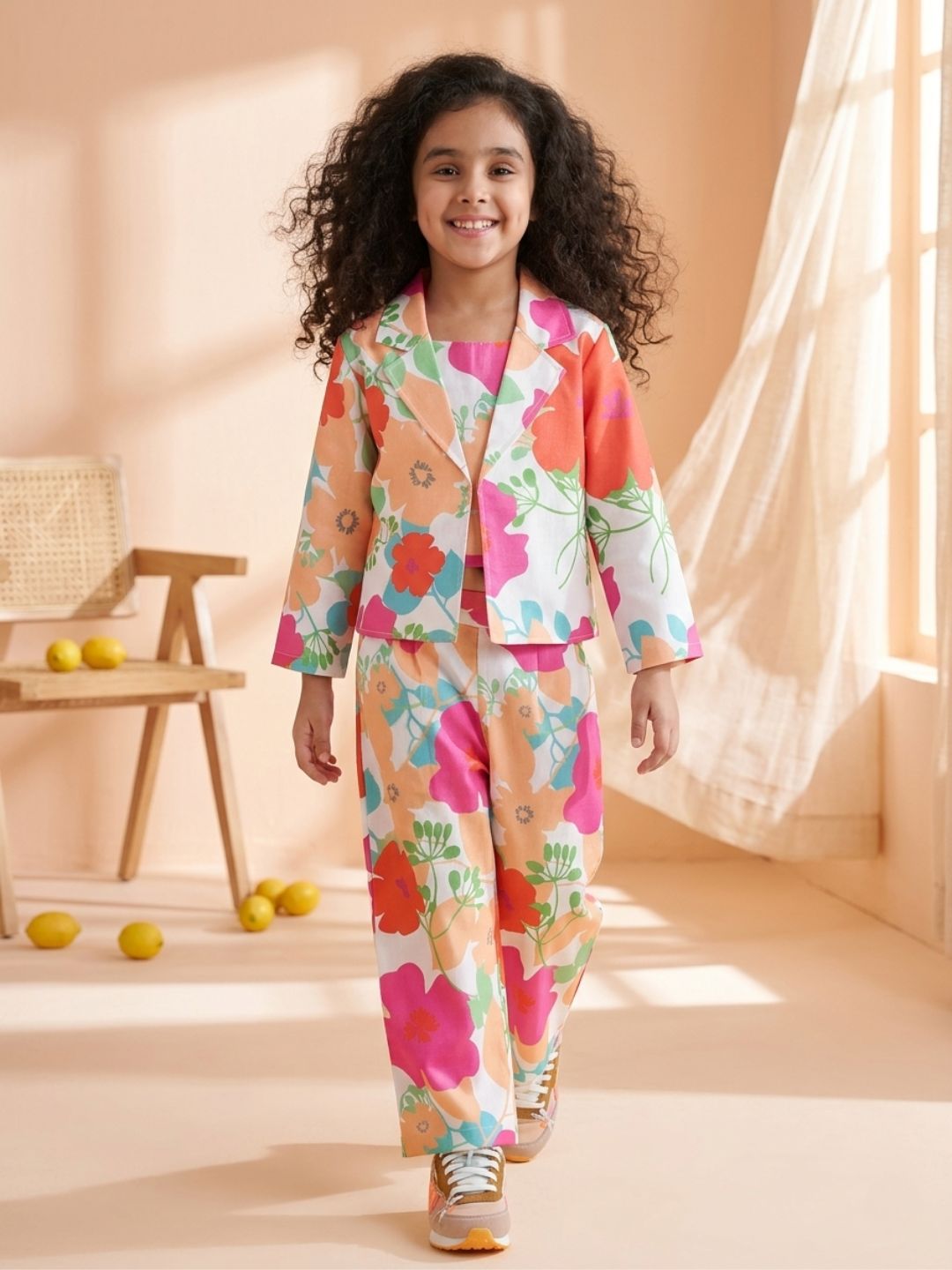 Multi Cotton 3/4th Sleeves Floral Print Girls Co-Ords  for Girls