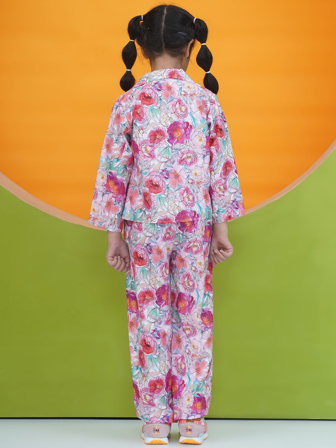 Pink Cotton 3/4th Sleeves Floral Print Girls Co-Ords  for Girls