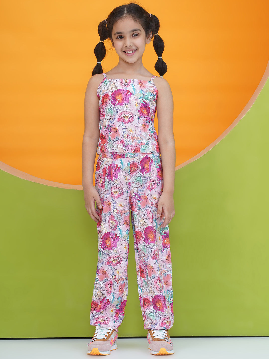 Pink Cotton 3/4th Sleeves Floral Print Girls Co-Ords  for Girls