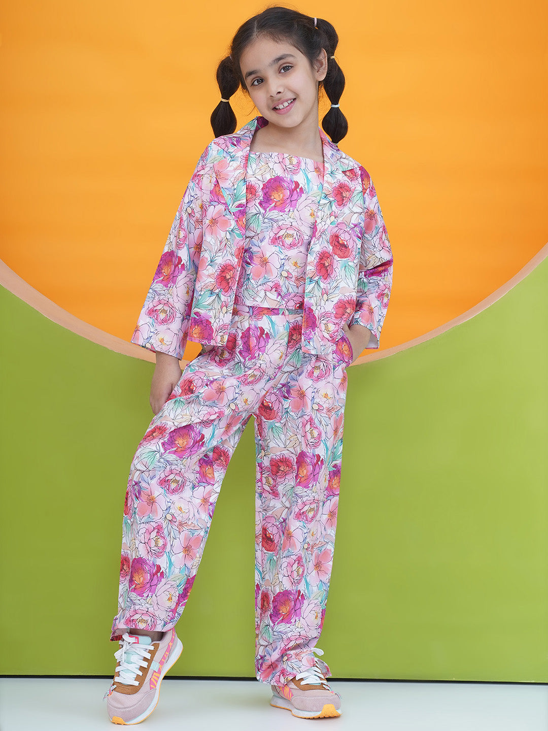 Pink Cotton 3/4th Sleeves Floral Print Girls Co-Ords  for Girls