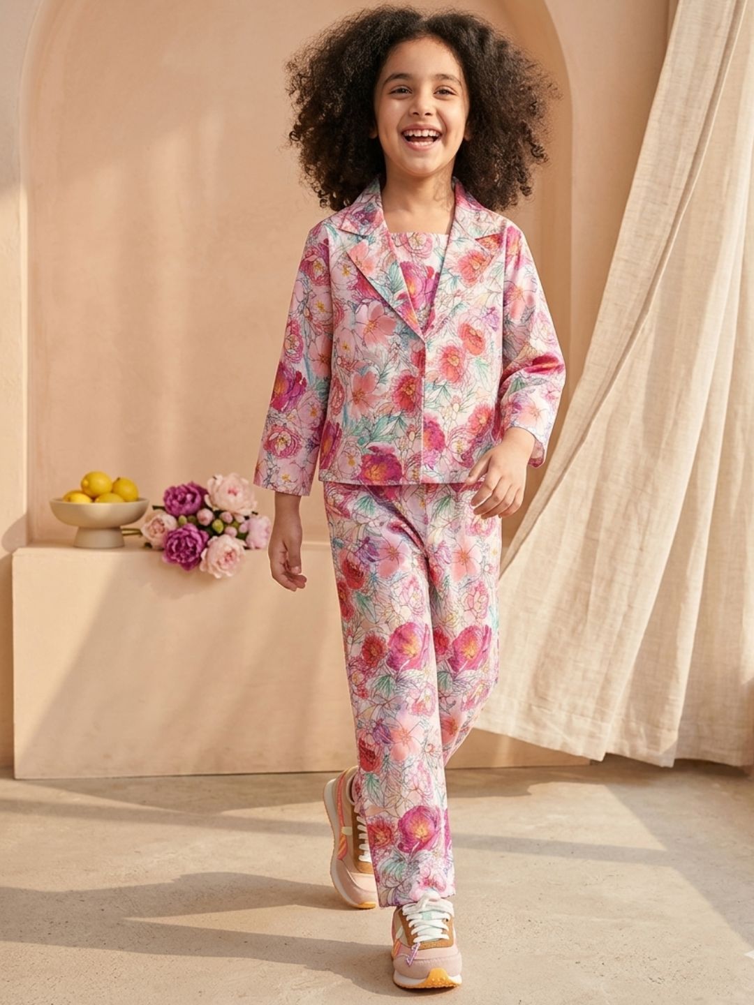 Pink Cotton 3/4th Sleeves Floral Print Girls Co-Ords  for Girls