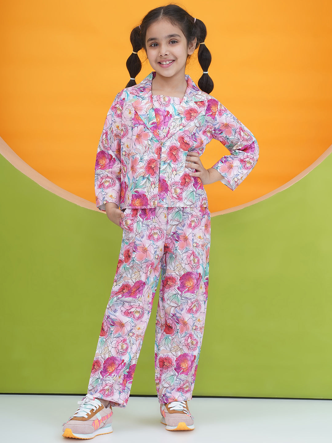 Pink Cotton 3/4th Sleeves Floral Print Girls Co-Ords  for Girls