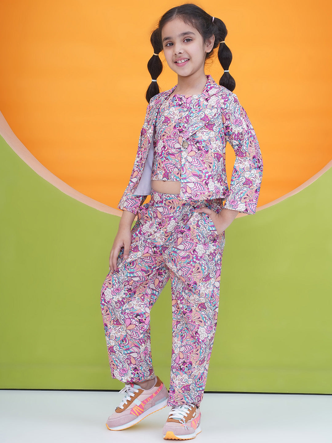 Purple 3/4th Sleeves Floral Print Cotton Co-Ord Sets  For Girls - AJ Dezines