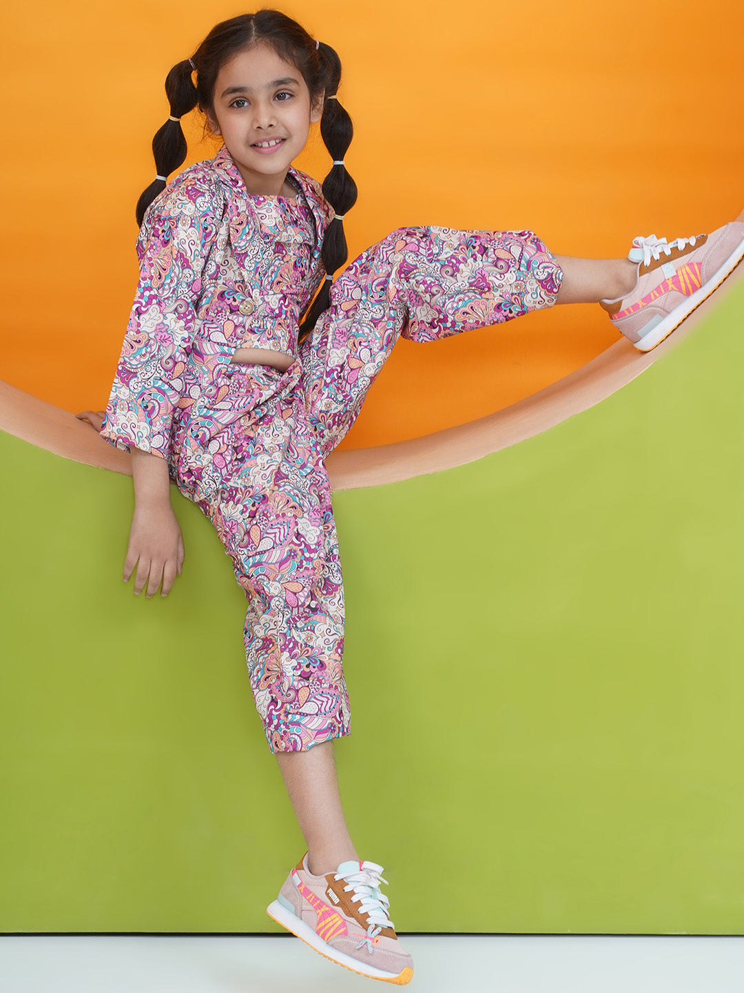 Purple 3/4th Sleeves Floral Print Cotton Co-Ord Sets  For Girls - AJ Dezines