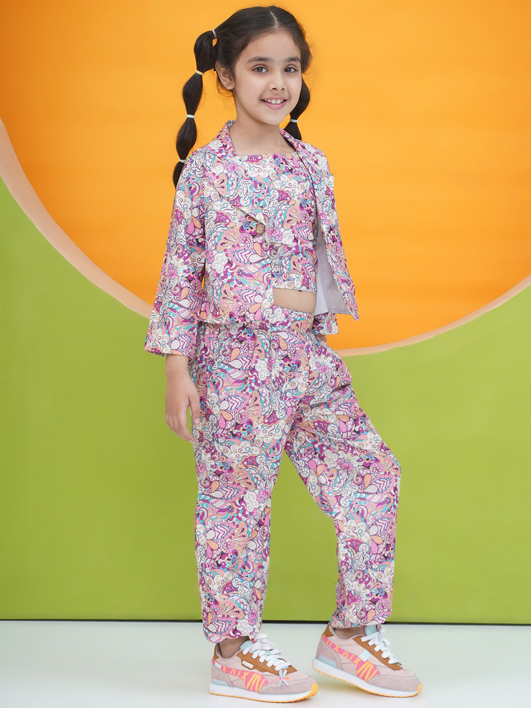 Purple 3/4th Sleeves Floral Print Cotton Co-Ord Sets  For Girls - AJ Dezines