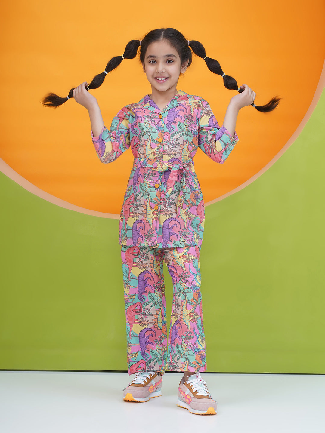 Pink Cotton 3/4th Sleeves Dinosaur Print Girls Co-Ords  for Girls