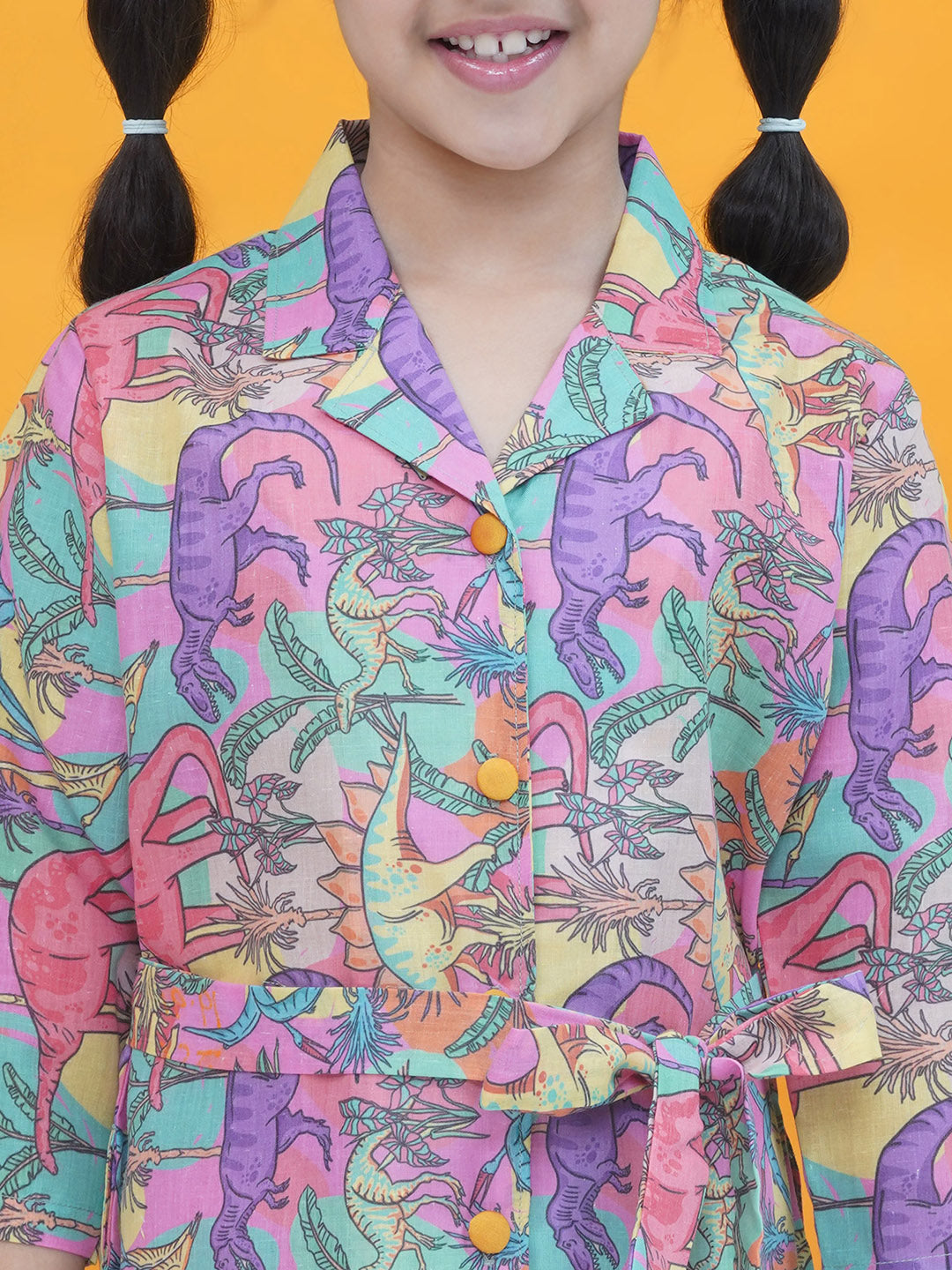 Pink Cotton 3/4th Sleeves Dinosaur Print Girls Co-Ords  for Girls - AJ Dezines