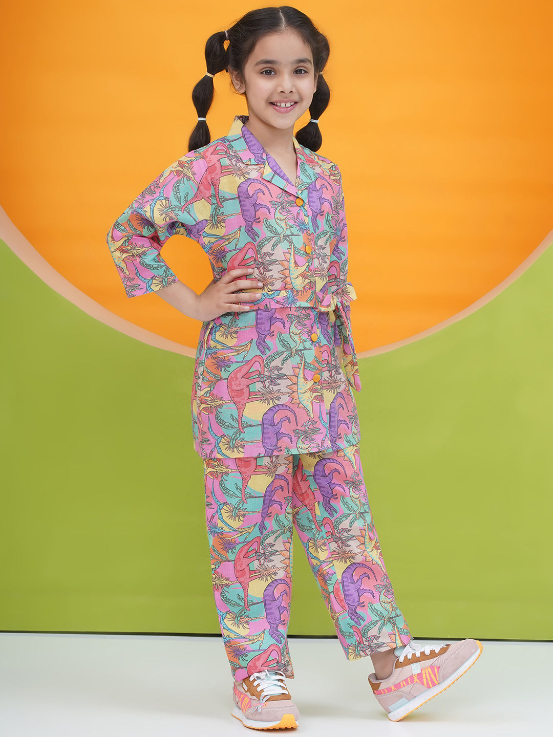 Pink Cotton 3/4th Sleeves Dinosaur Print Girls Co-Ords  for Girls - AJ Dezines