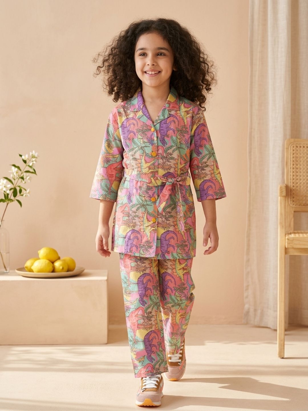Pink Cotton 3/4th Sleeves Dinosaur Print Girls Co-Ords  for Girls