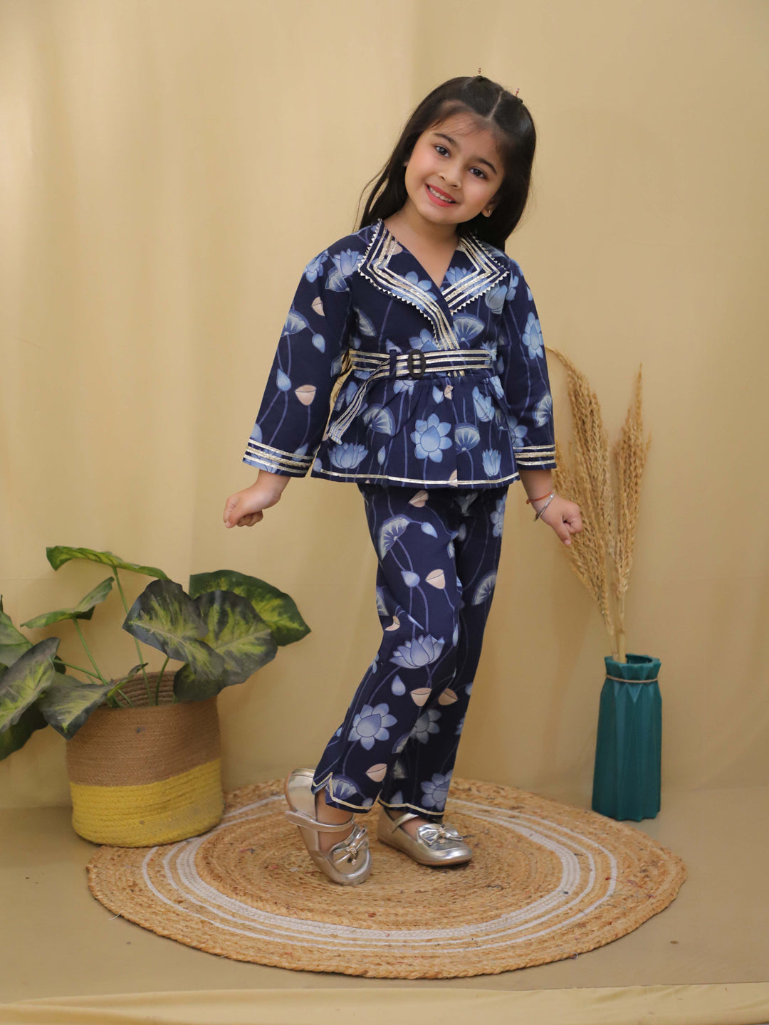 Blue 3/4th Sleeves Floral Print Cotton Co-Ord Sets For Girls