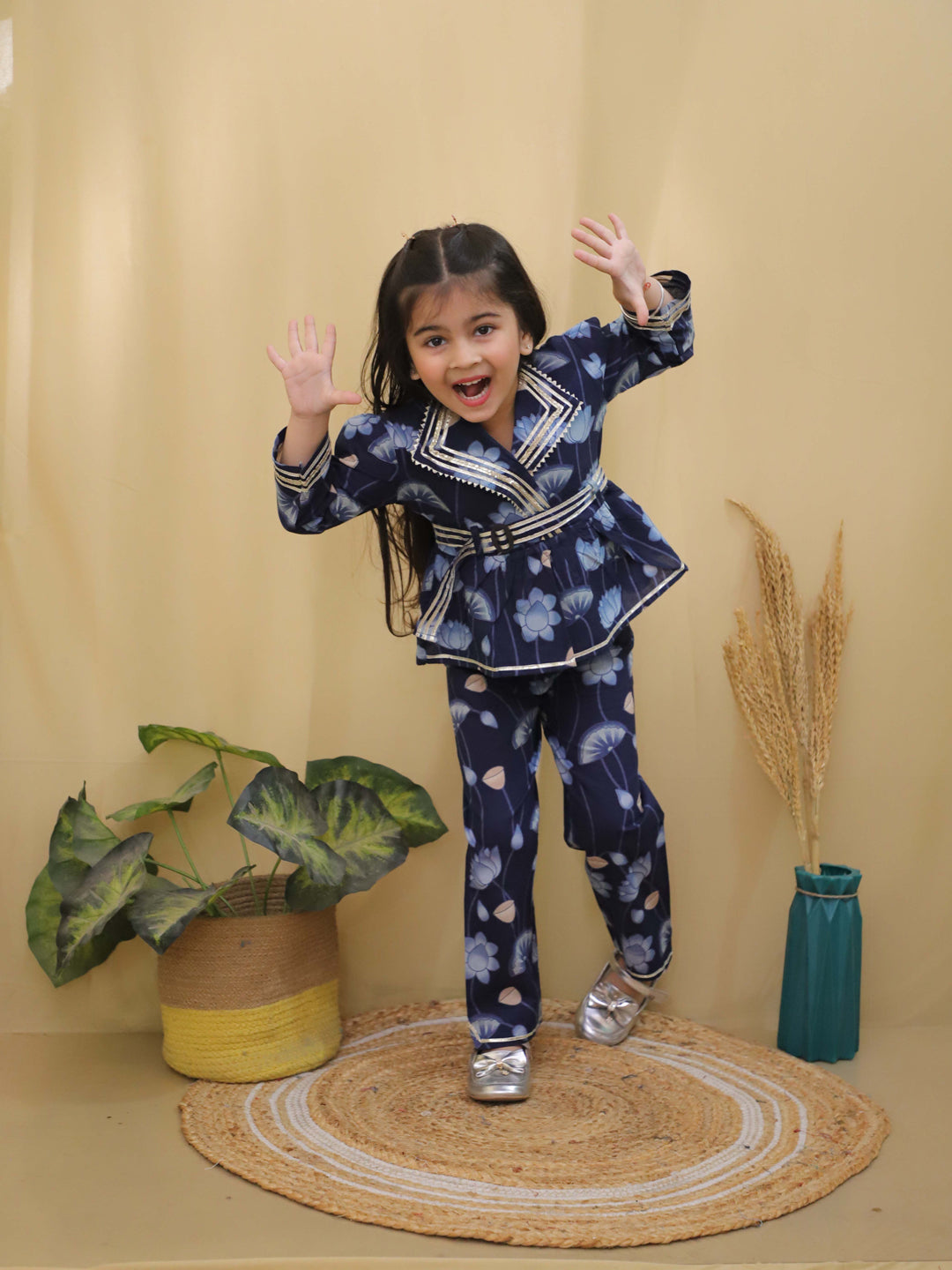 Blue 3/4th Sleeves Floral Print Cotton Co-Ord Sets For Girls