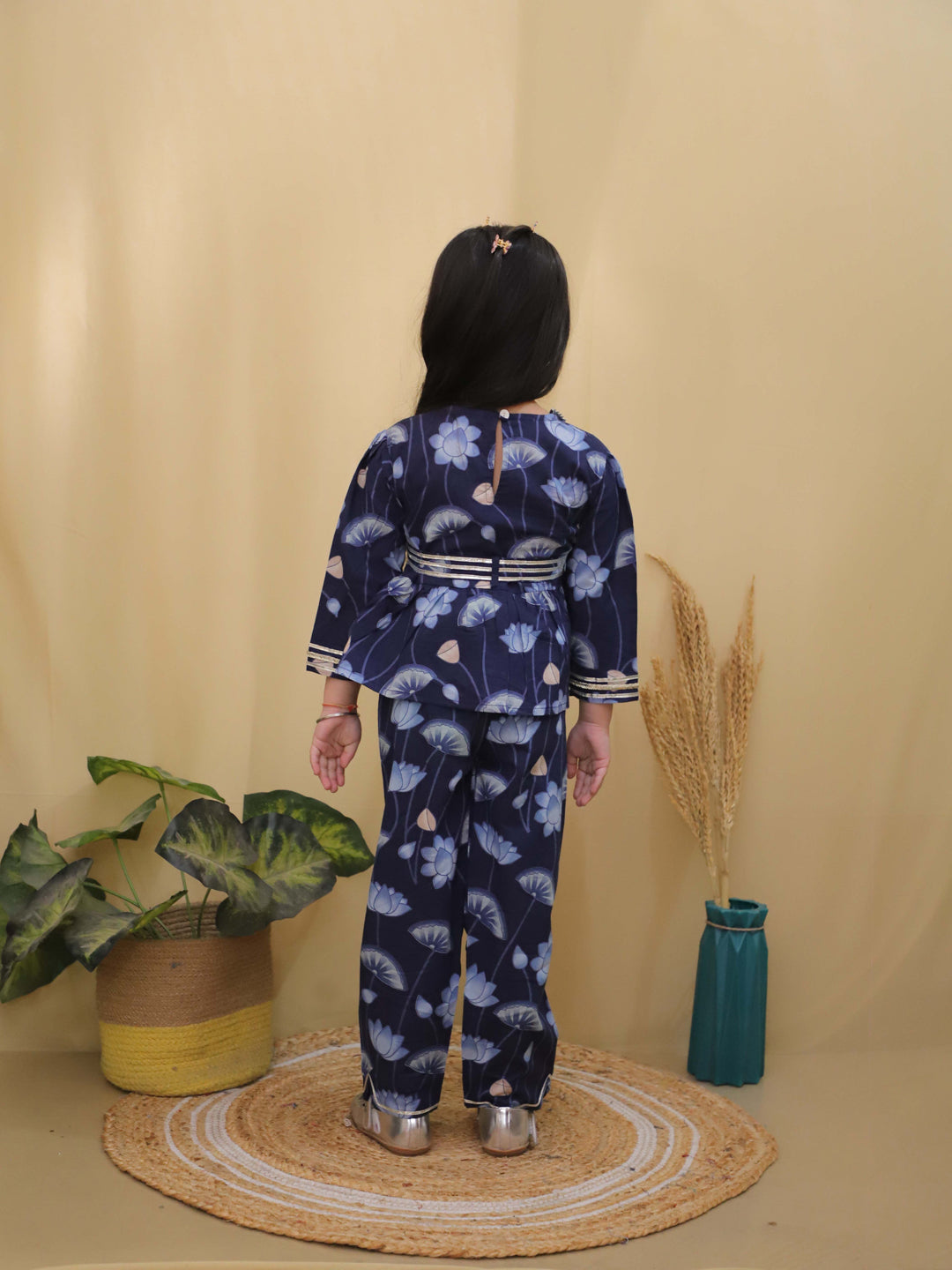 Blue 3/4th Sleeves Floral Print Cotton Co-Ord Sets For Girls