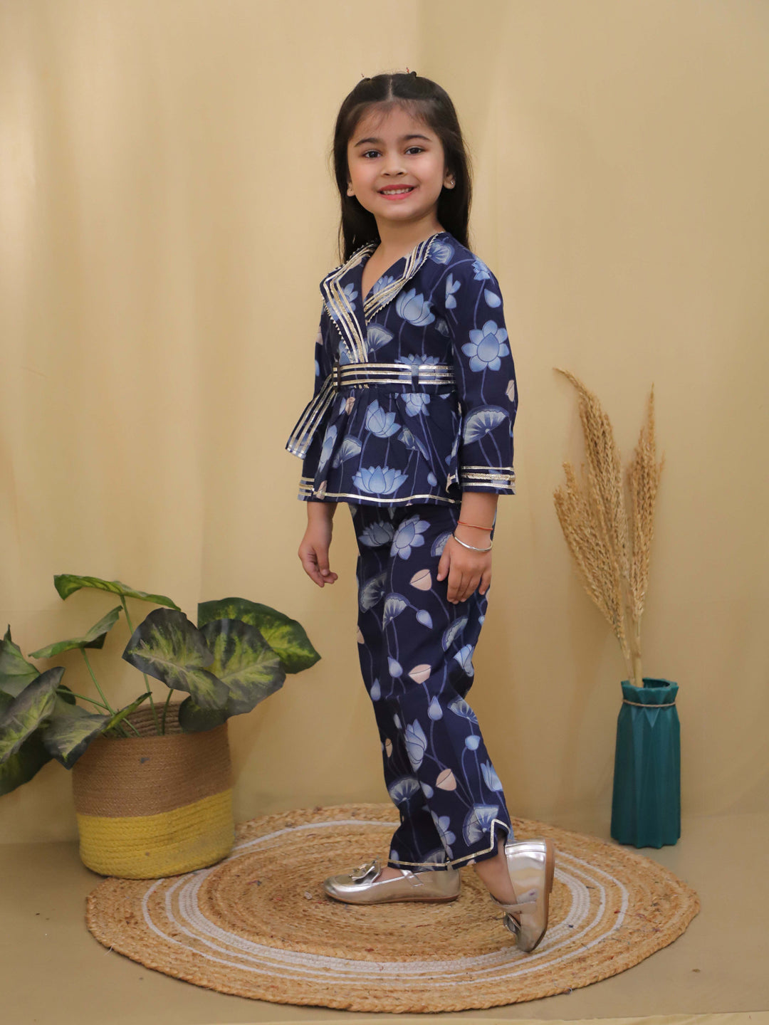 Blue 3/4th Sleeves Floral Print Cotton Co-Ord Sets For Girls