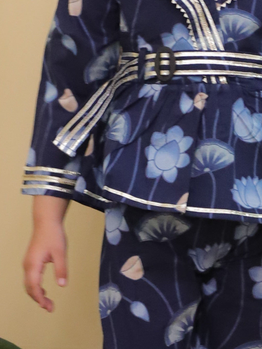 Blue 3/4th Sleeves Floral Print Cotton Co-Ord Sets For Girls