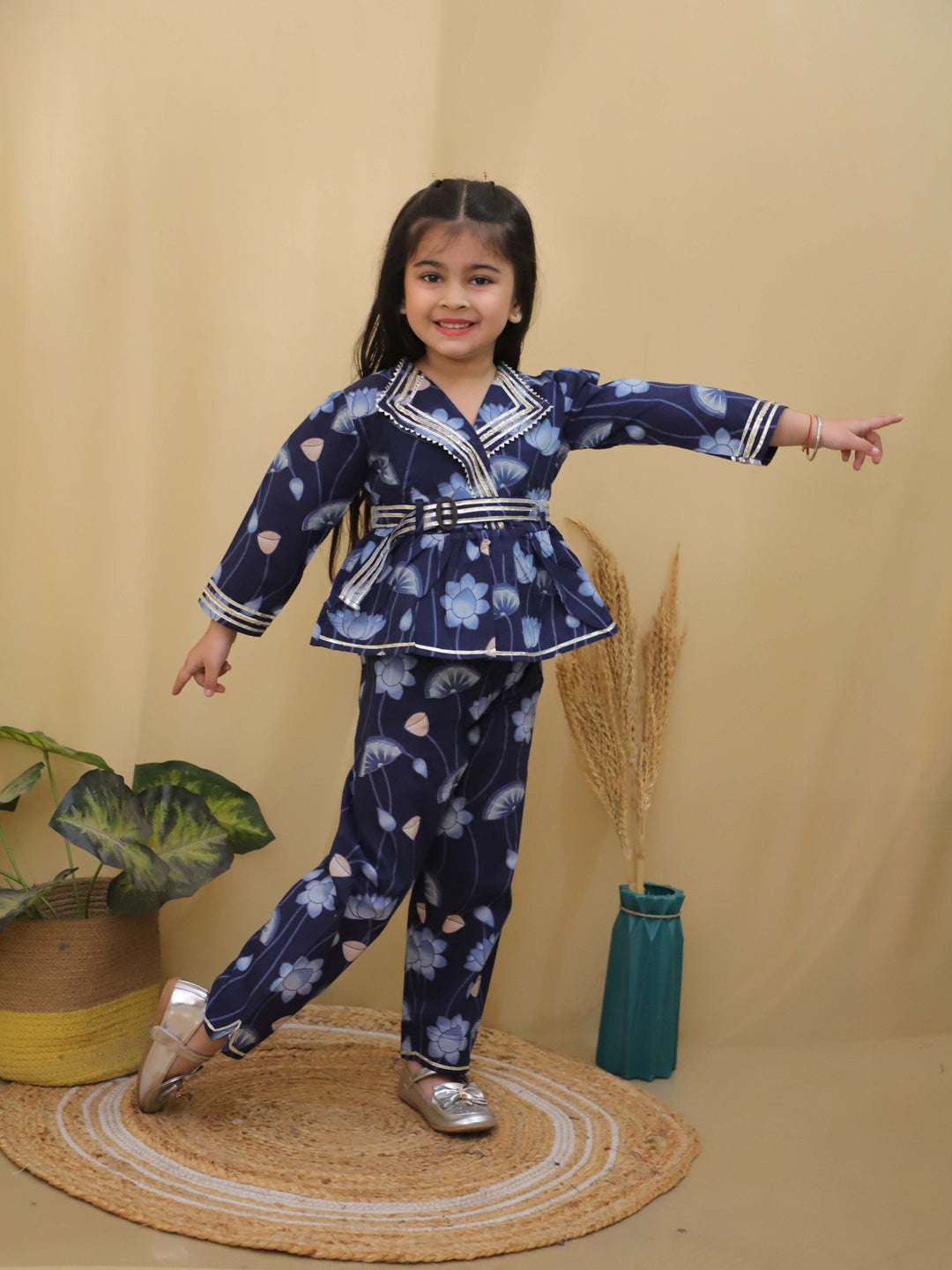 Blue 3/4th Sleeves Floral Print Cotton Co-Ord Sets For Girls