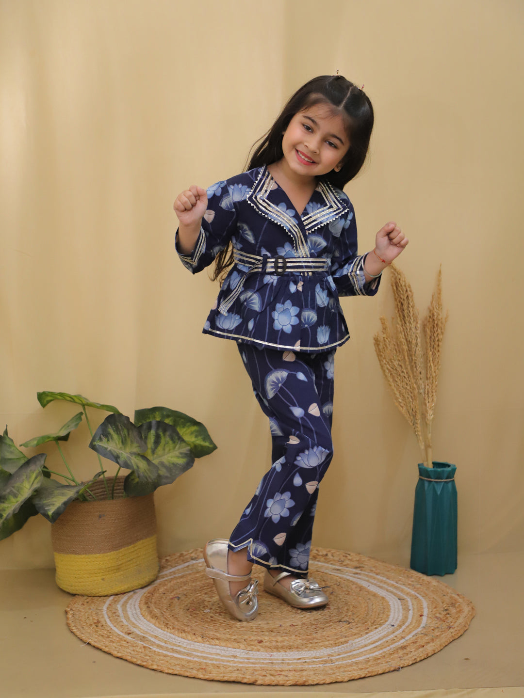 Blue 3/4th Sleeves Floral Print Cotton Co-Ord Sets For Girls