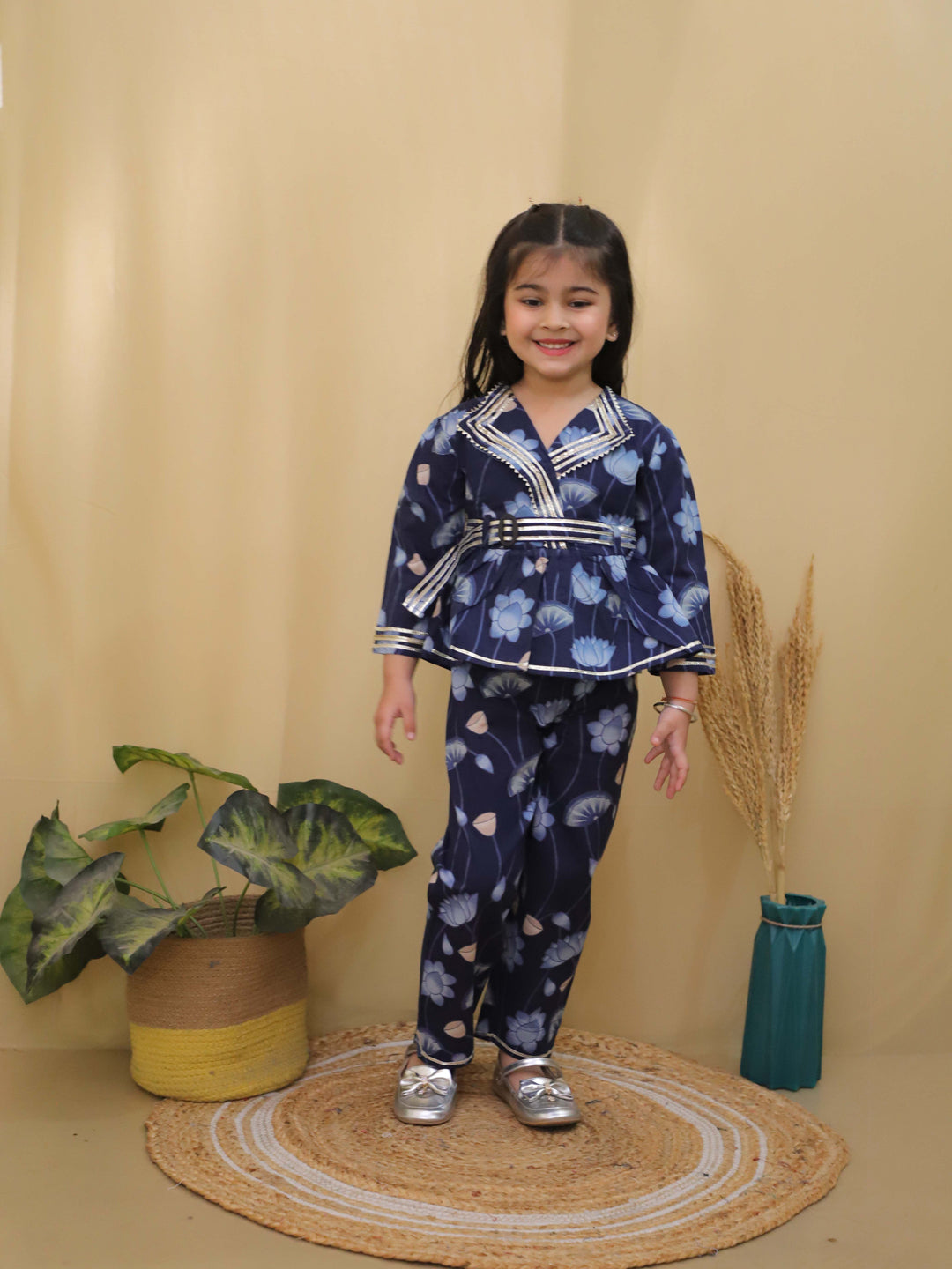 Blue 3/4th Sleeves Floral Print Cotton Co-Ord Sets For Girls