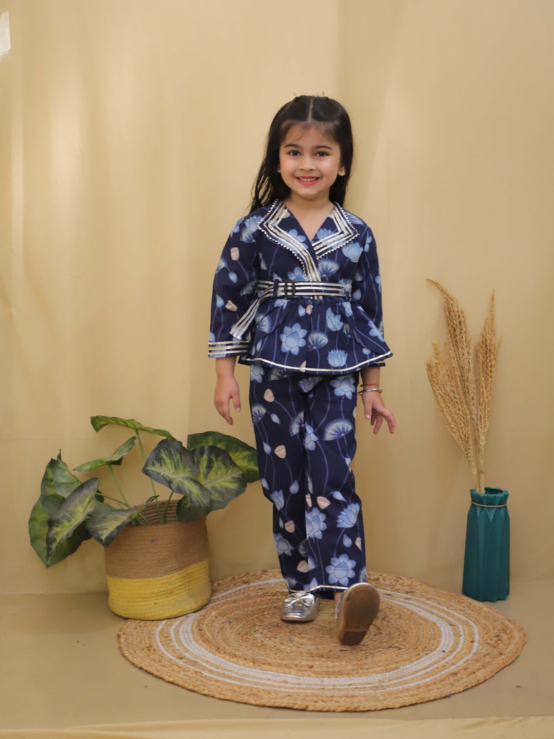 Blue 3/4th Sleeves Floral Print Cotton Co-Ord Sets For Girls