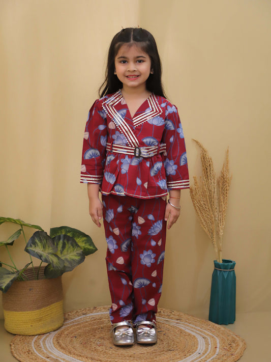 Aj Dezines Maroon 3/4th Sleeves Floral Print Cotton Co-Ord Sets For Girls