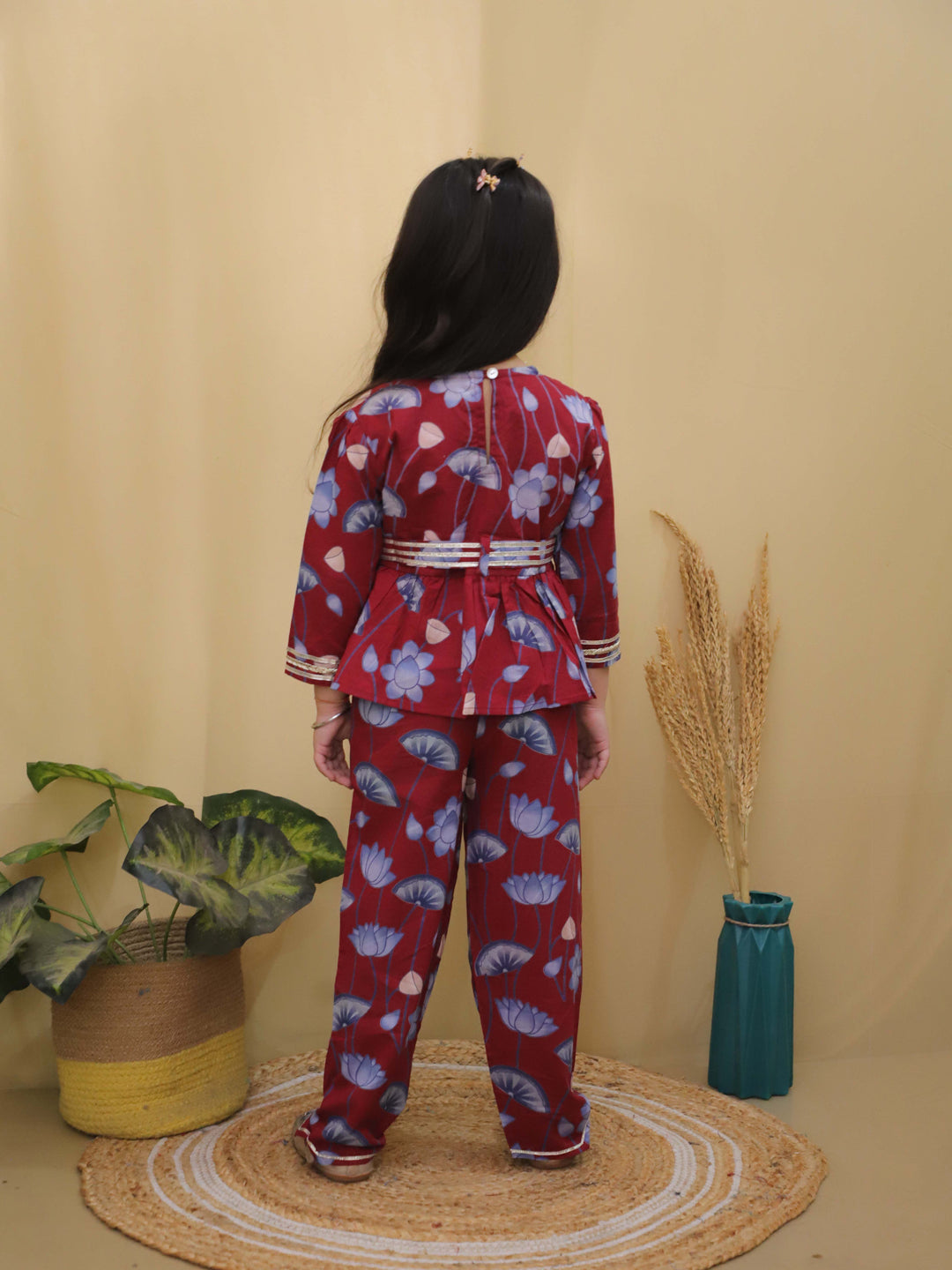Maroon 3/4th Sleeves Floral Print Cotton Co-Ord Sets For Girls - AJ Dezines
