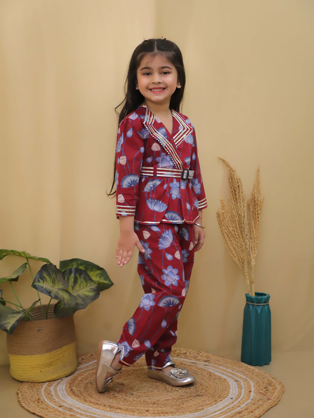 Maroon 3/4th Sleeves Floral Print Cotton Co-Ord Sets For Girls - AJ Dezines