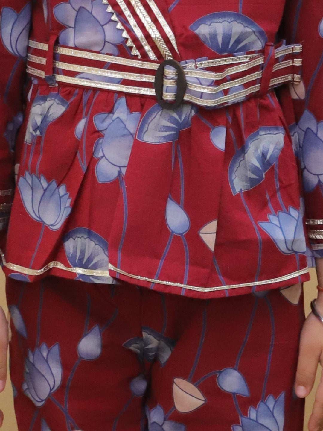 Maroon 3/4th Sleeves Floral Print Cotton Co-Ord Sets For Girls - AJ Dezines