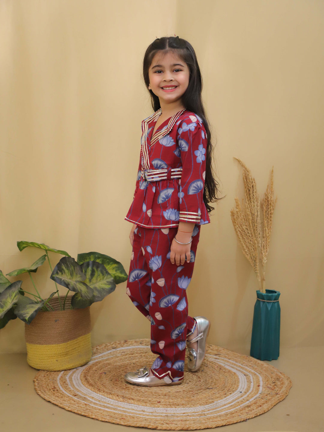 Maroon 3/4th Sleeves Floral Print Cotton Co-Ord Sets For Girls - AJ Dezines