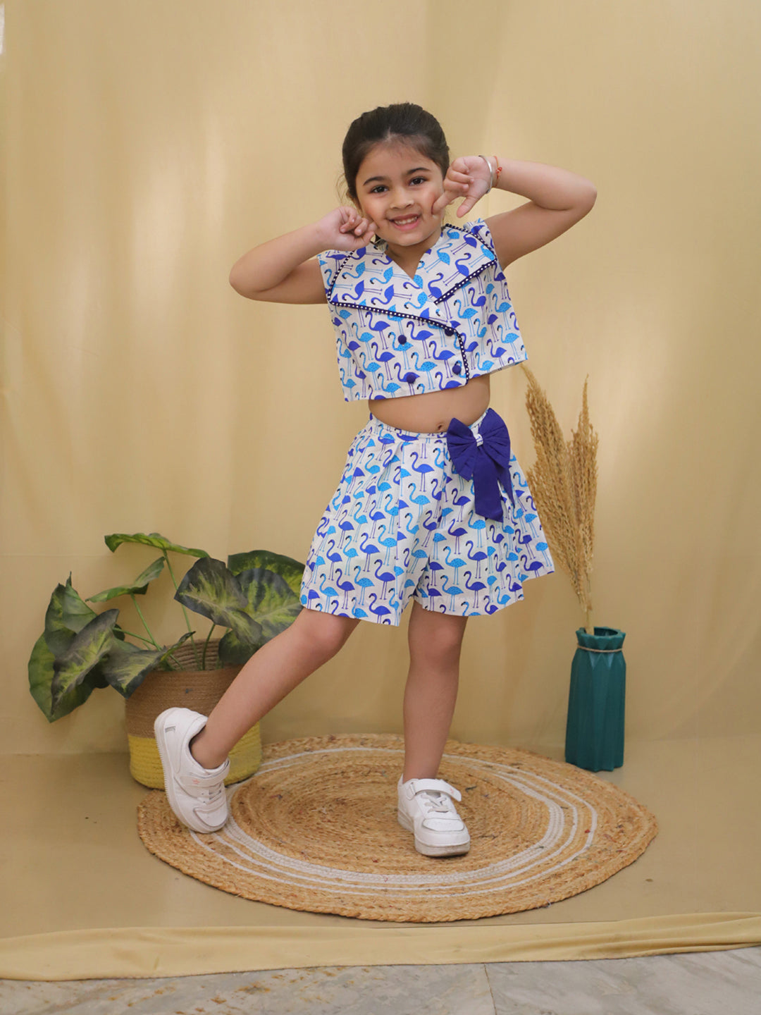 Blue Sleeveless Swan Print Cotton Co-Ord Sets For Girls - AJ Dezines
