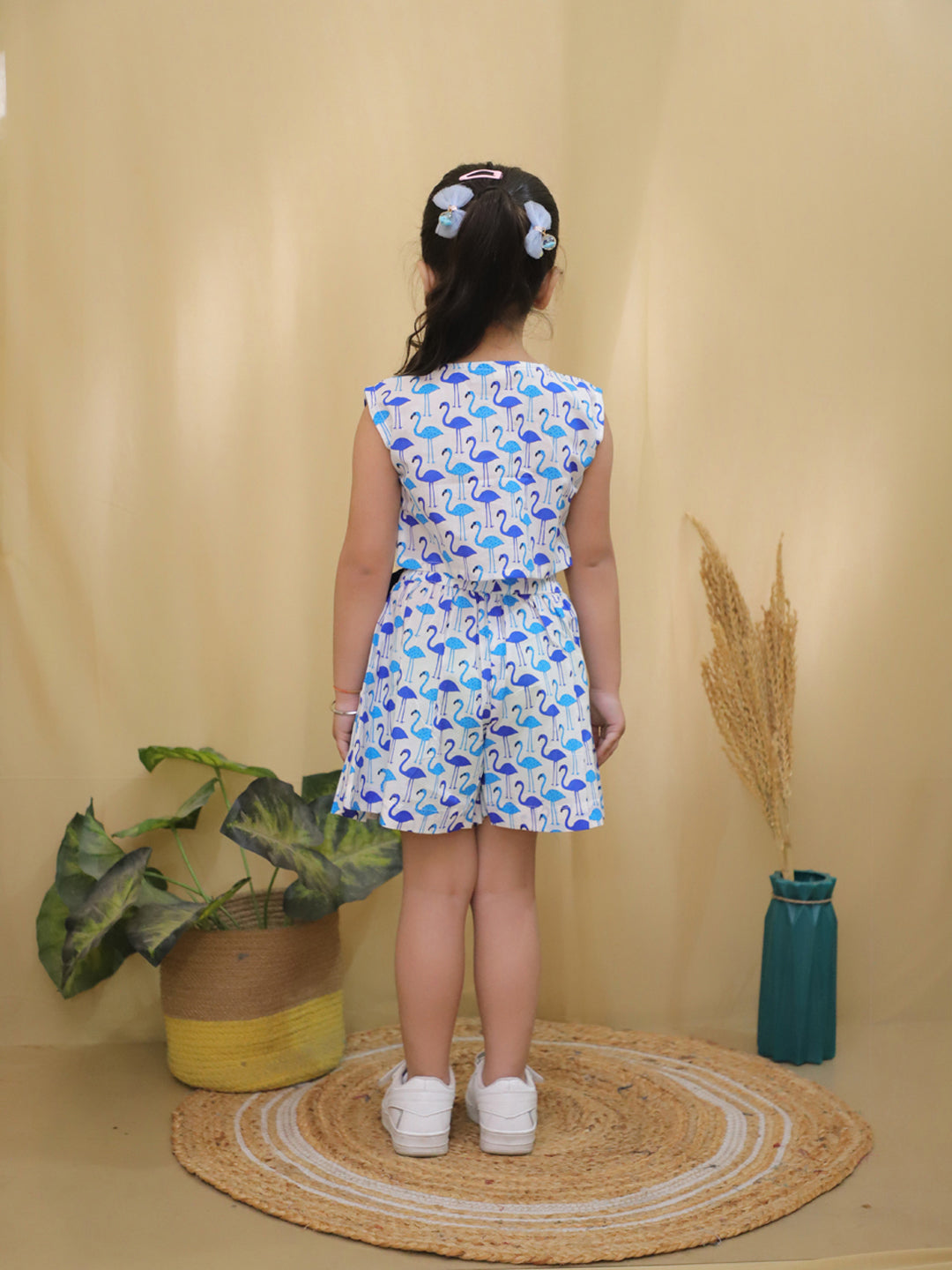 Blue Sleeveless Swan Print Cotton Co-Ord Sets For Girls - AJ Dezines