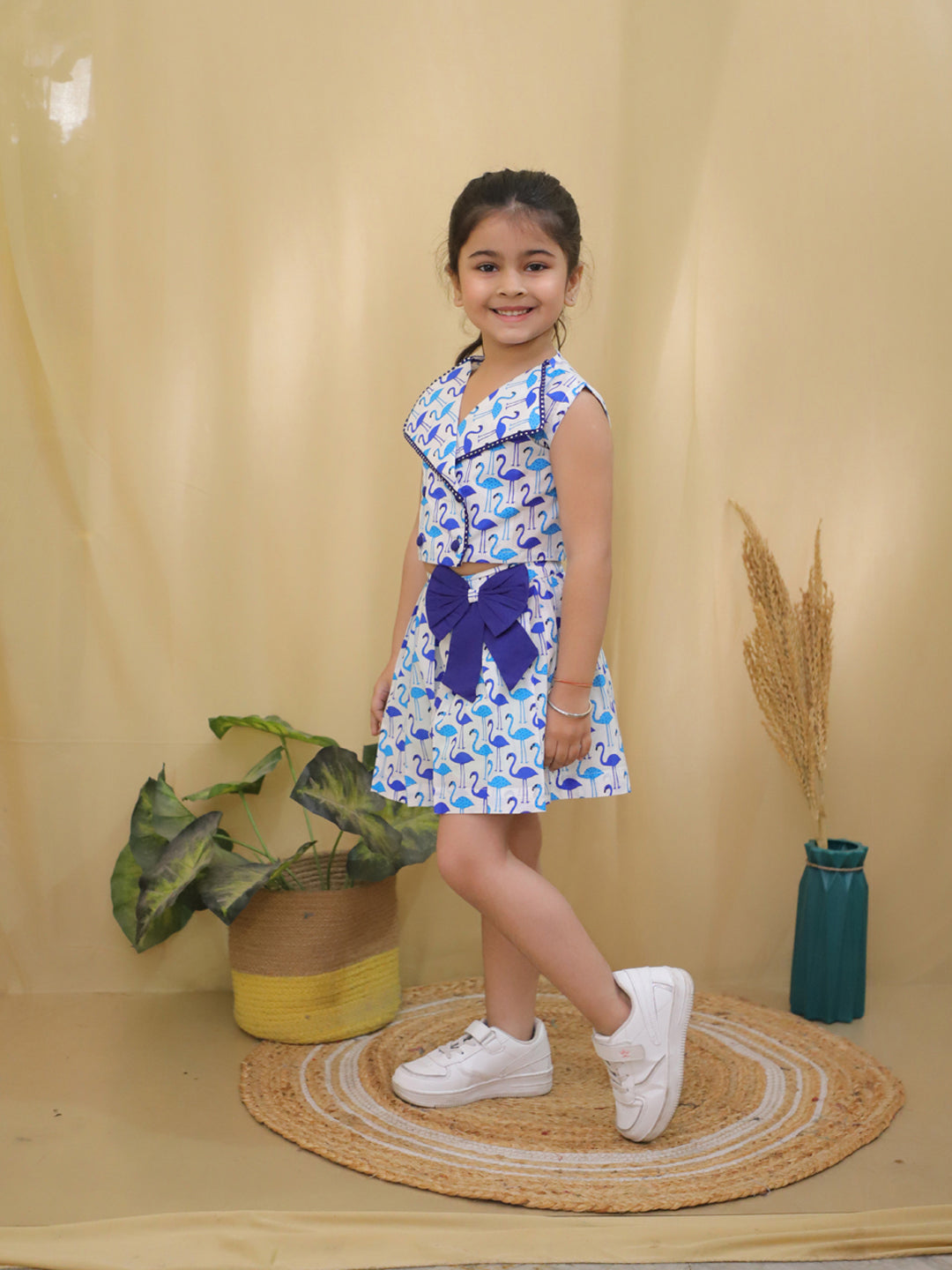 Blue Sleeveless Swan Print Cotton Co-Ord Sets For Girls - AJ Dezines