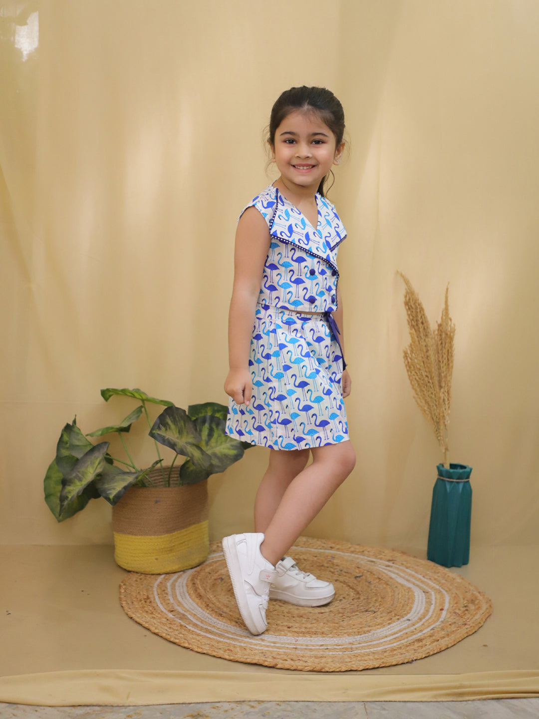 Blue Sleeveless Swan Print Cotton Co-Ord Sets For Girls - AJ Dezines